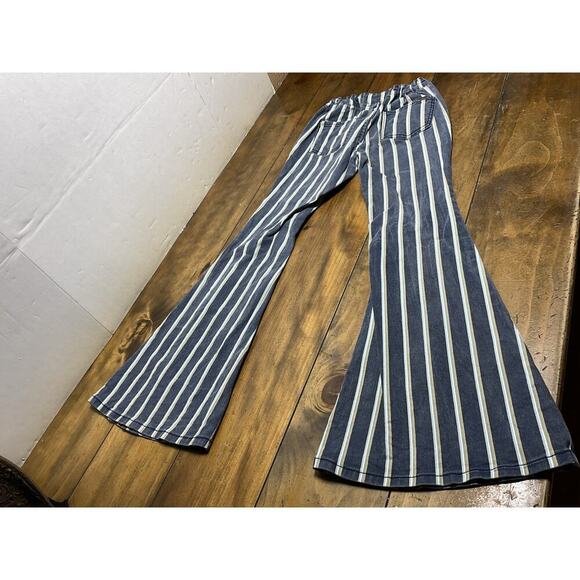 Rock And Roll Denim Girls Bargain Button Bell Bottom Striped Flares Size 16 - Picture 2 of 9